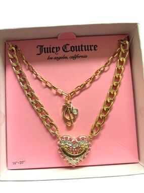 Juicy Couture Gold-Tone Layered Necklace with Pink Crystal Heart Pendant NIP